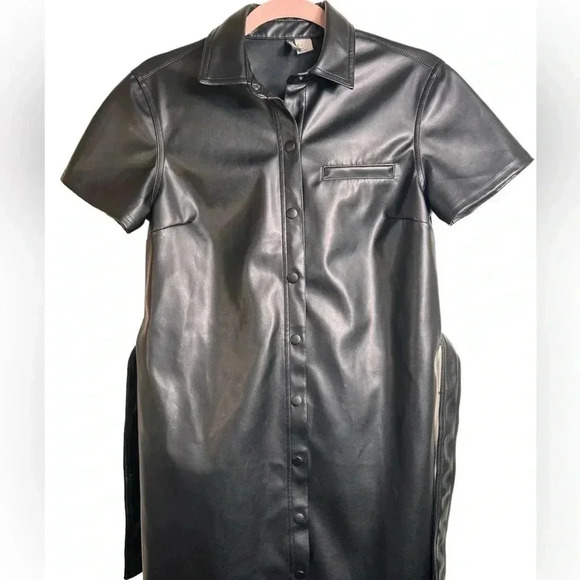 H&M Faux Leather Mini Dress, Short  Sleeves, Belted, SM, Goth Grunge Sexy - Picture 5 of 12
